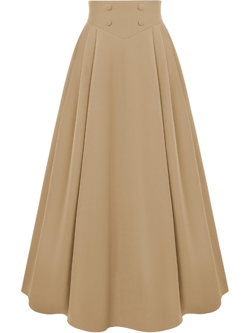 Women's Khaki Side Pleats Back Elastic Waistband Side Zipper Maxi A Line Skirt
